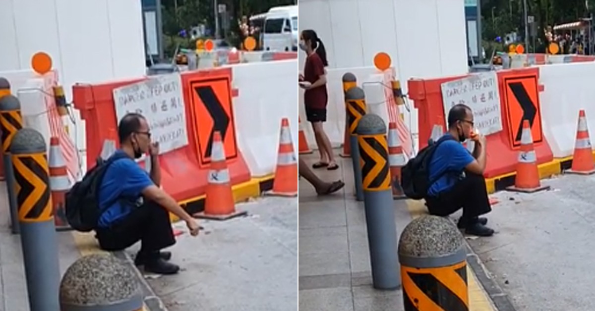 UNCLE LIT UP CIG & SMOKE AT BUS STOP, COMMUTER NOT HAPPY