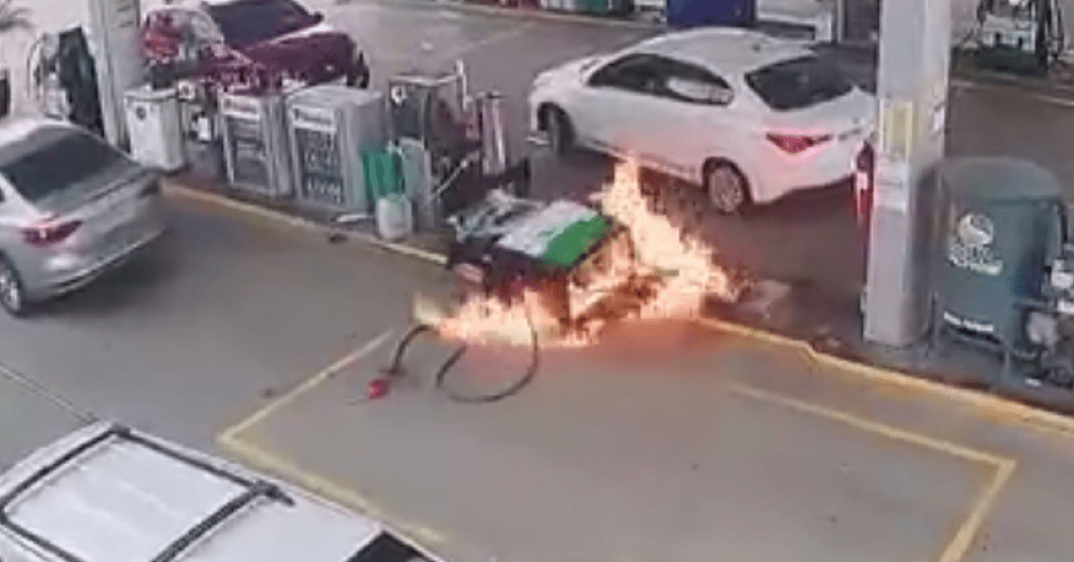 CAR DRIVES OFF BEFORE REMOVING PETROL PUMP, KIOSK COLLAPSES AND CATCHES FIRE
