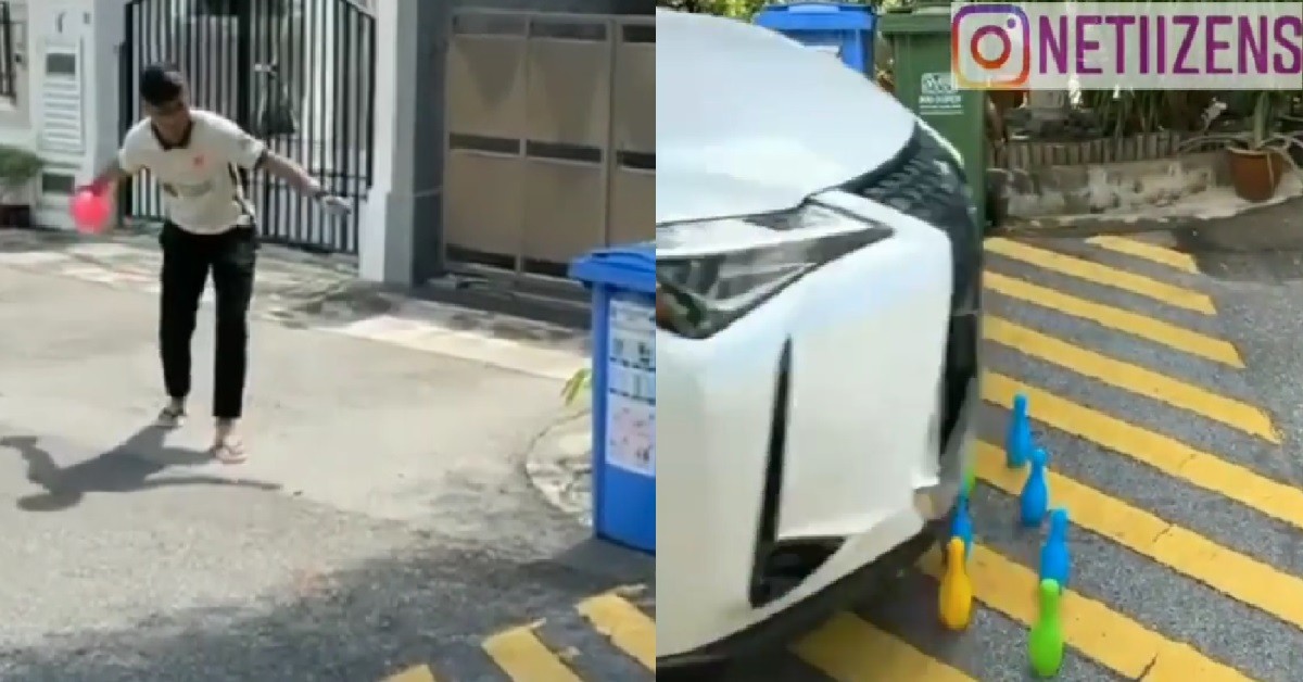 GUY PLAY BOWLING ON ROAD, MISSES THEN PASSING CAR RUNS OVER THE PINS
