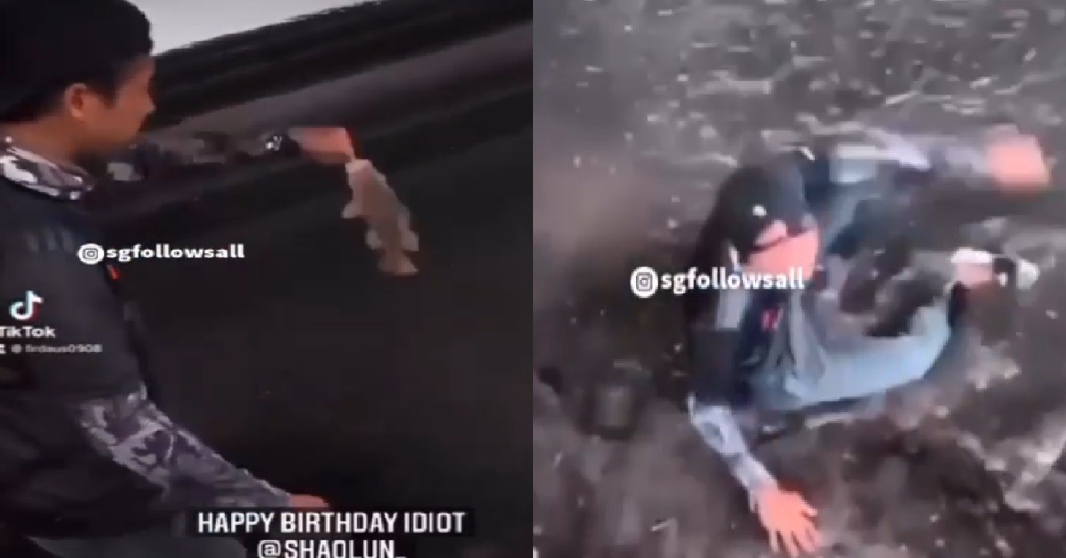 YP TRIES TO KICK FISH INTO WATER BUT FALLS INTO RIVER HIMSELF