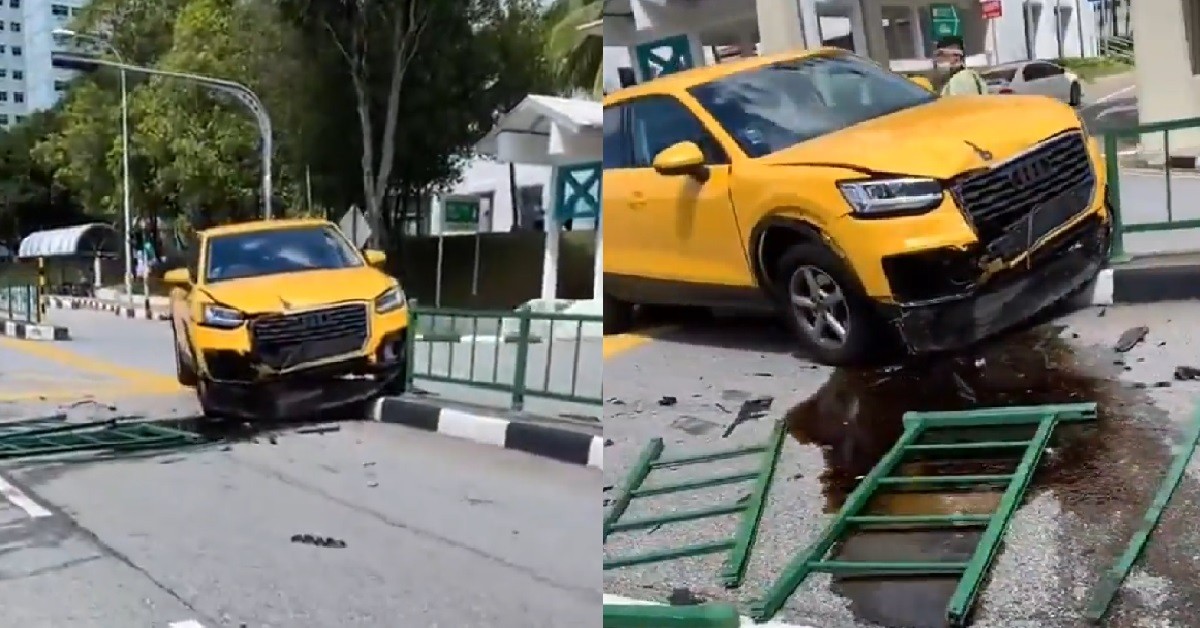 AUDI CRASHED ONTO ROAD DIVIDER & DESTROYED RAILINGS
