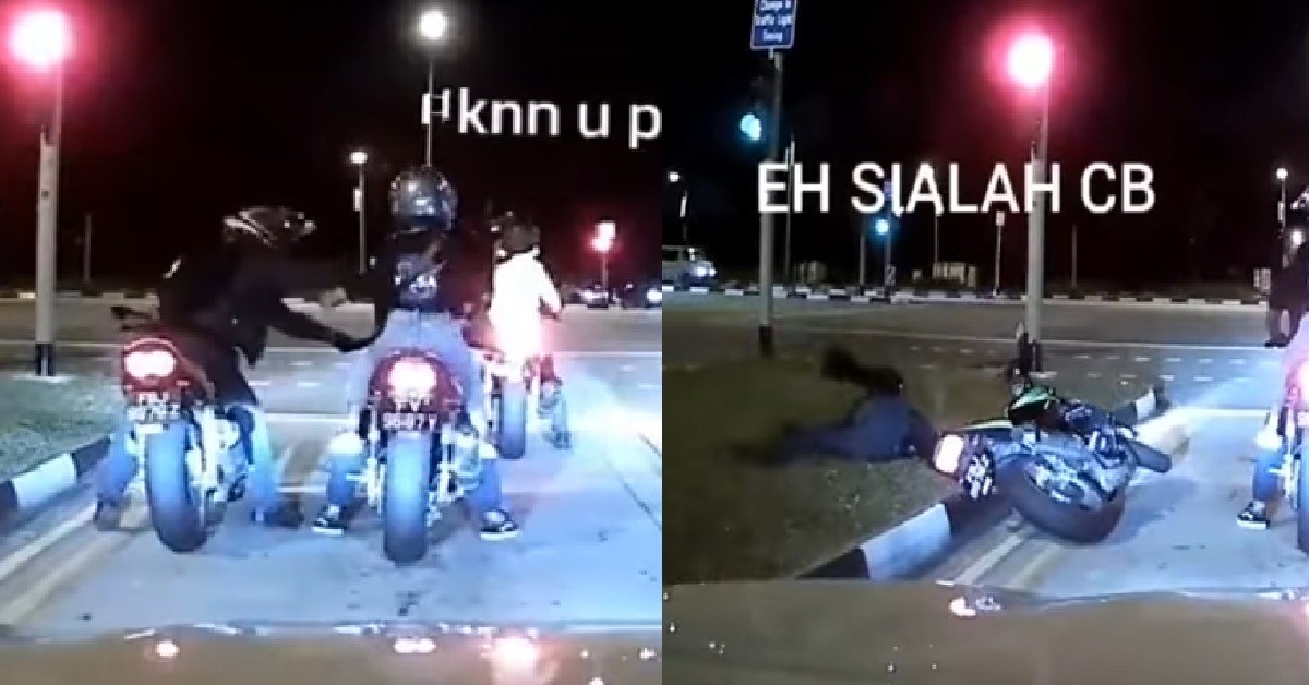 MOTORCYCLISTS PLAYING ON THE ROAD, PUSH EACH OTHER, THEN BIKE FALL