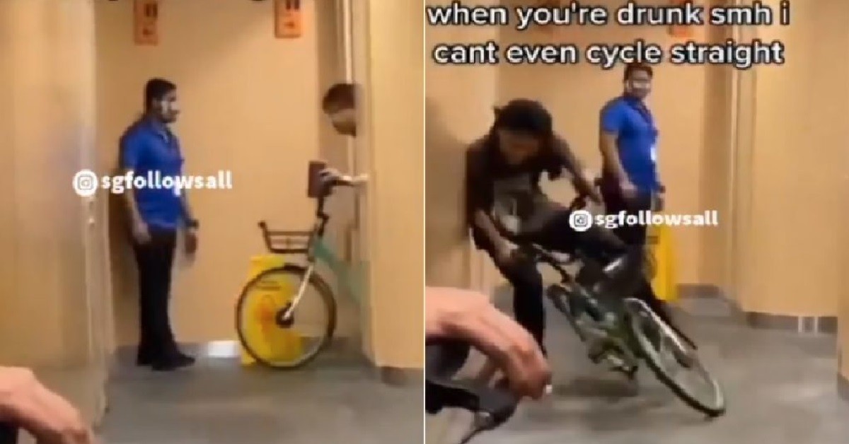 DRUNK GUY RIDE BICYCLE INTO PUBLIC TOILET, CANNOT EVEN CYCLE STRAIGHT