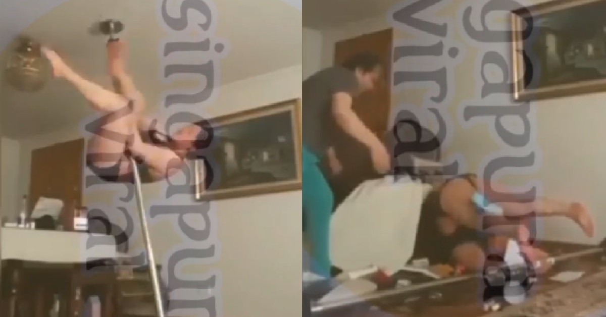 WOMAN POLE DANCING UNTIL POLE BREAK & SHE CRASHED ONTO TABLE