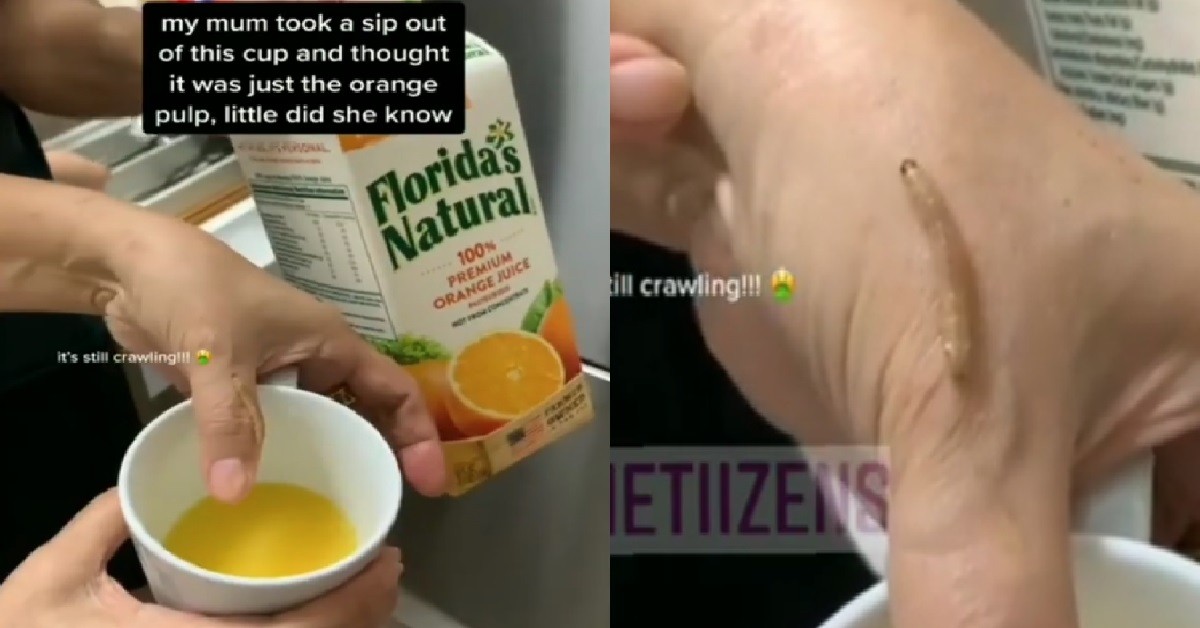 WOMAN BOUGHT ORANGE JUICE WITH LIVE MAGGOT INSIDE, STILL CRAWLING