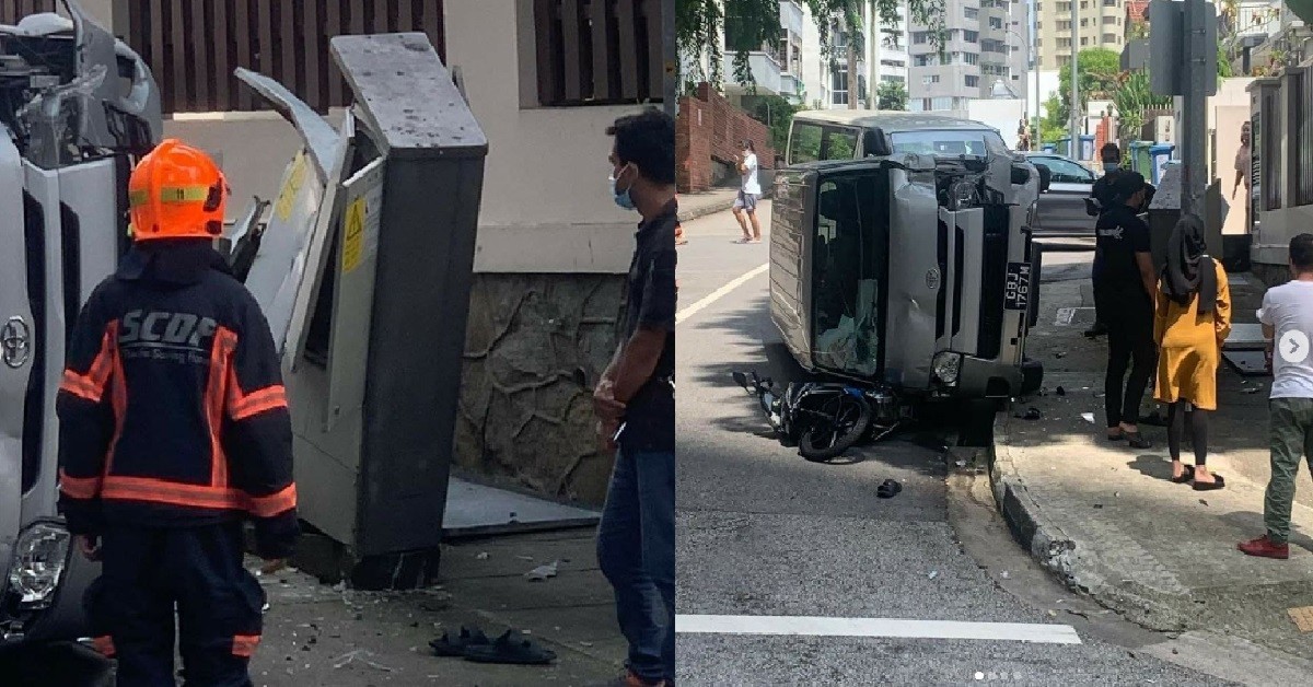 VAN CRASHED BEHIND MT ELIZABETH HOSPITAL, FLIPPED ON ITS SIDE