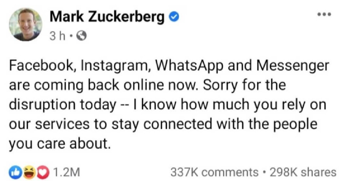 MARK ZUCKERBERG SAYS SORRY FOR WHATSAPP, INSTAGRAM & FACEBOOK BEING DOWN