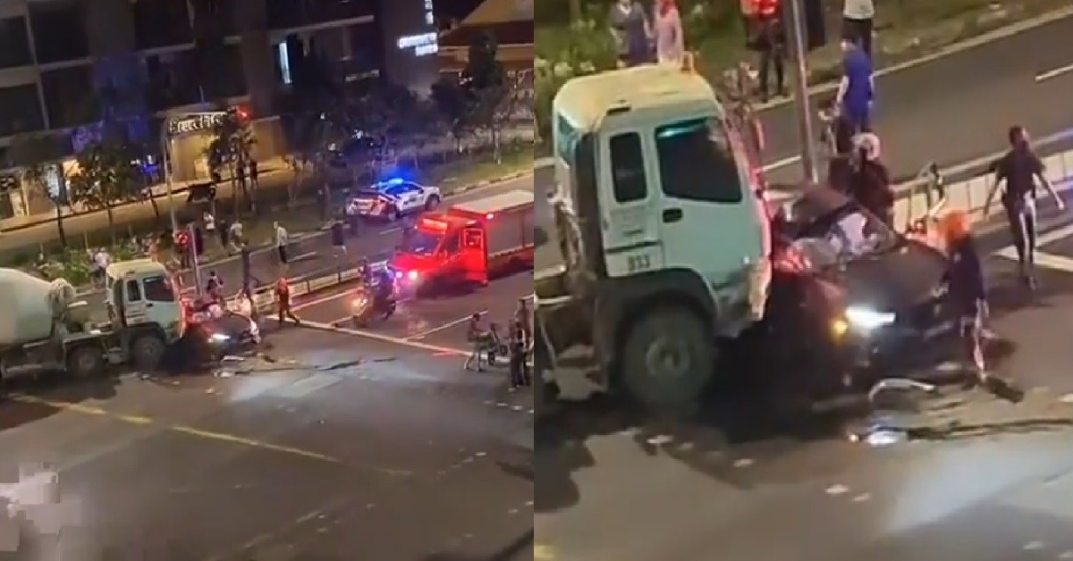 CEMENT TRUCK CRASHED INTO CAR @ GEYLANG, CAR CRUSHED UNTIL JIALAT