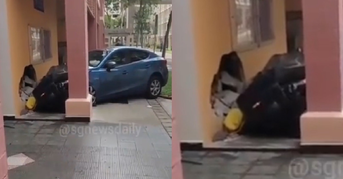 CAR CRASHED INTO HDB BLOCK, LEAVE A BIG LOBANG ON THE WALL