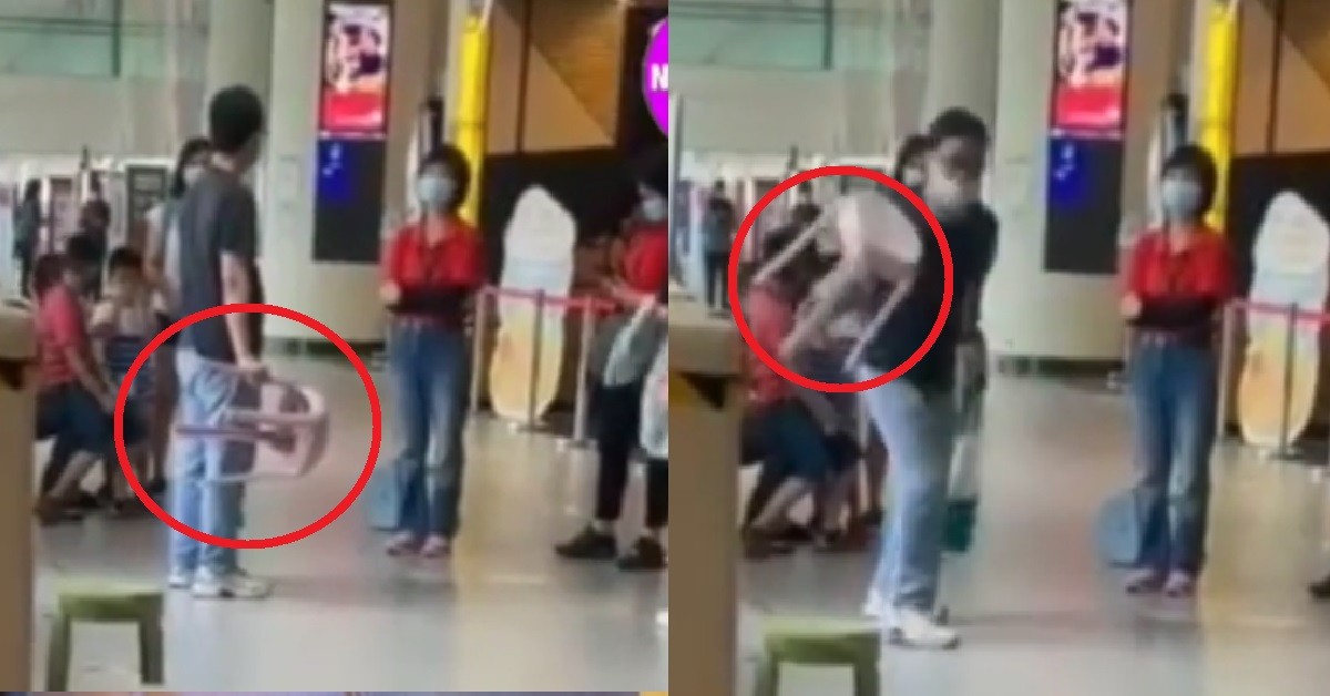 MAN NOT HAPPY WITH STAFF @ AMK HUB, THROW CHAIR & START SHOUTING