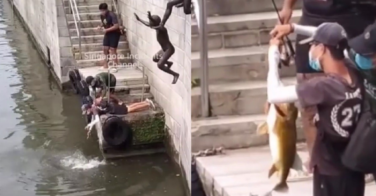 BOYS FISHING AT S’PORE RIVER, BOAT QUAY – CAUGHT FISH BIGGER THAN HIS HEAD