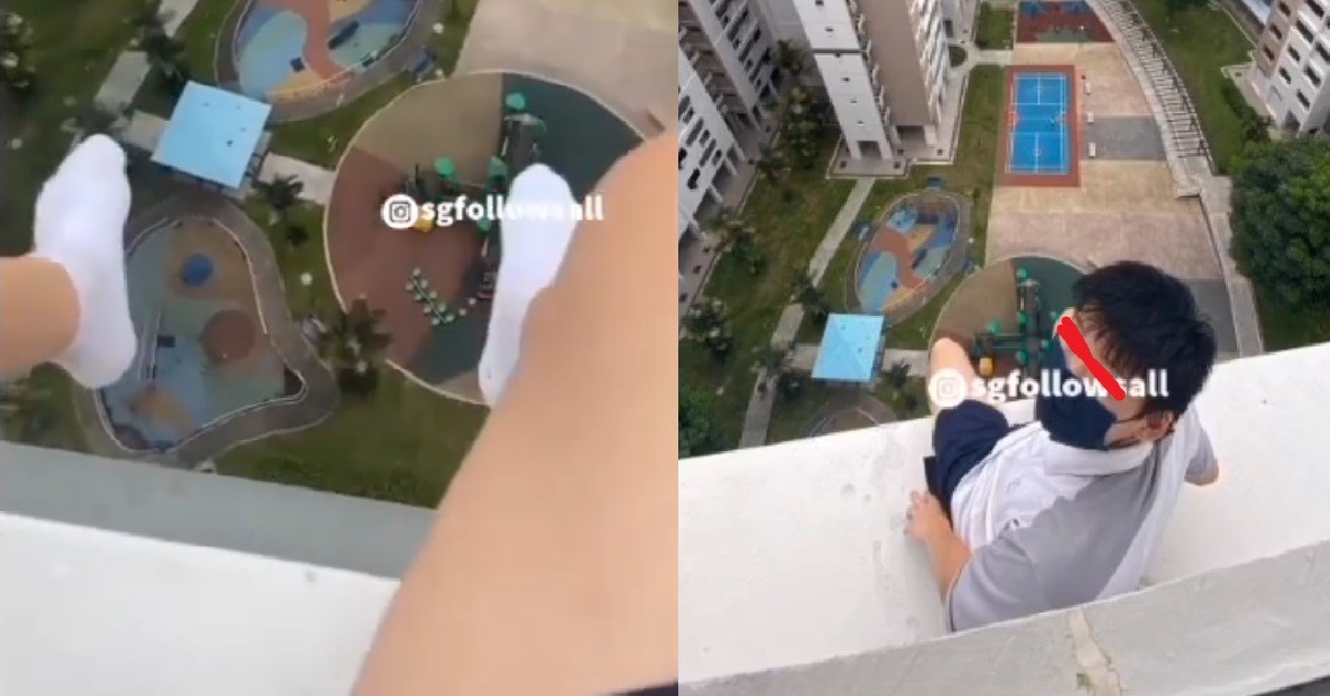 CRAZY XIAO DIDI SITTING ON TOP OF HDB LEDGE, SAY BECAUSE HE WAS “BORED”