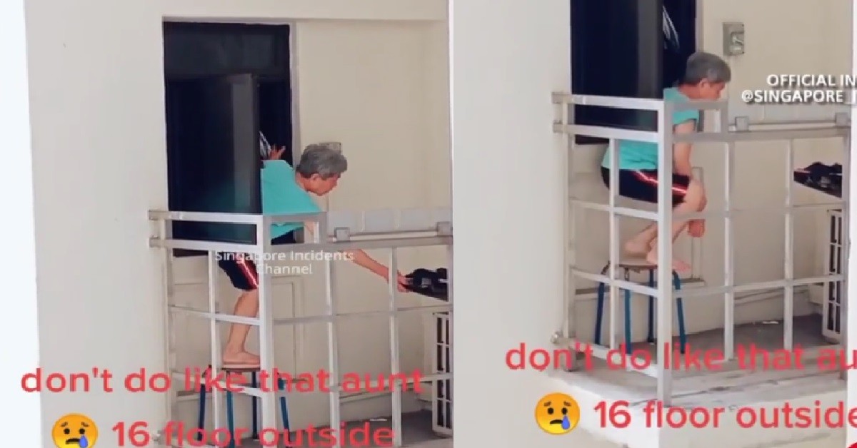 AH MA CLIMB OVER 16TH FLOOR HDB WINDOW LEDGE TO HANG LAUNDRY