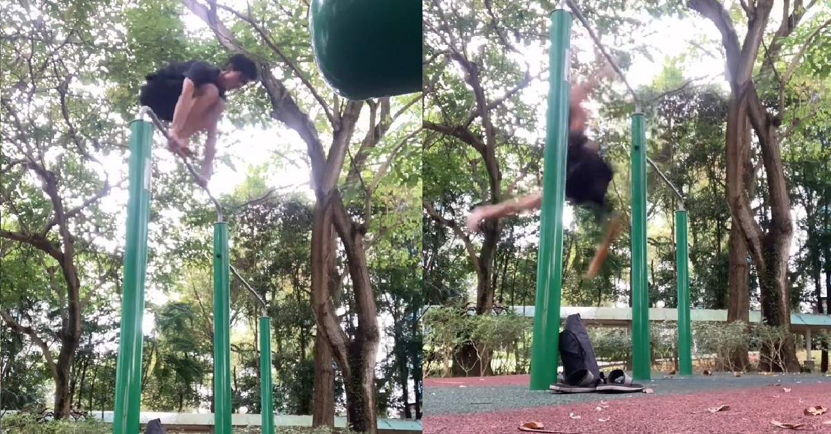 GUY DO STUNT ON PULL UP BAR, FAILS THEN REALIZE GRAVITY STILL WORKS