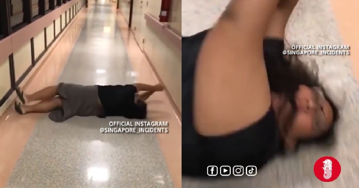 WOMAN LIE DOWN ON HOSPITAL FLOOR & START ROLLING, HELPING CLEANER MOP
