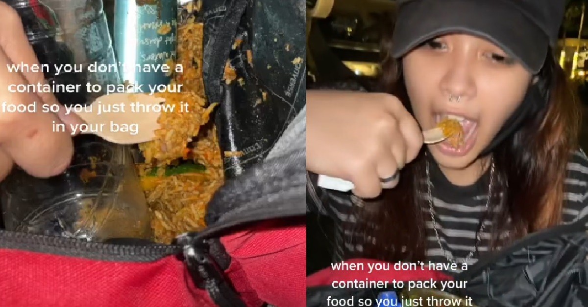 GIRL GOT NO CONTAINER, SO SHE THROW HER FOOD INSIDE BAG AND EAT