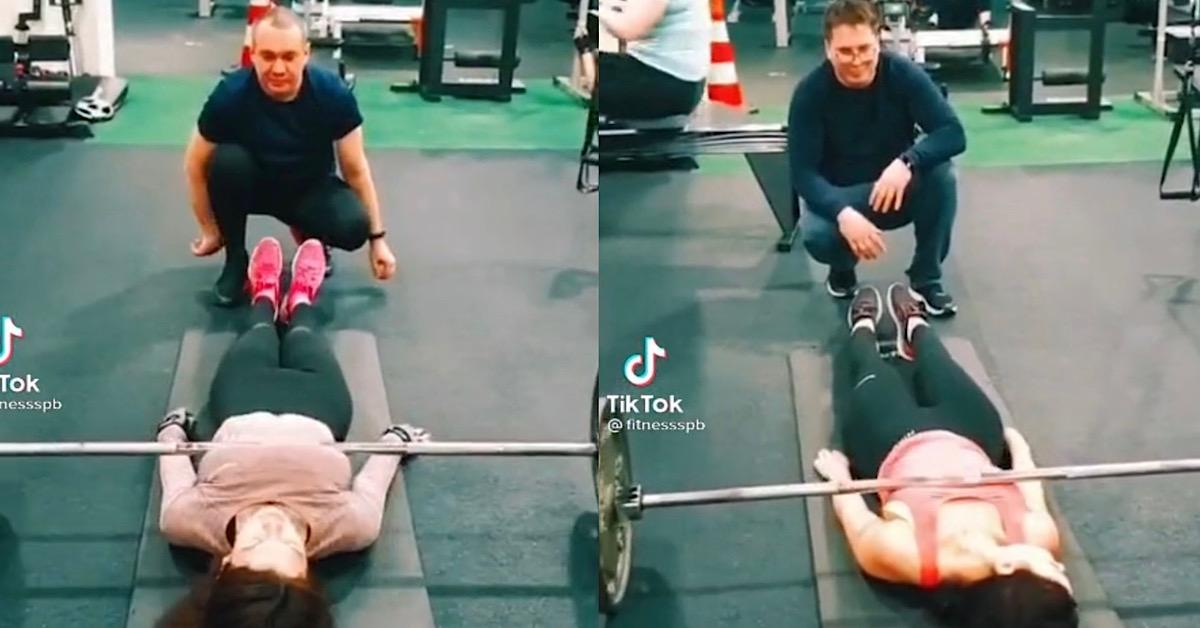 GYM ROLLS BARBELL OVER FEMALES NEH NEH TO TEST IF BIG ENOUGH