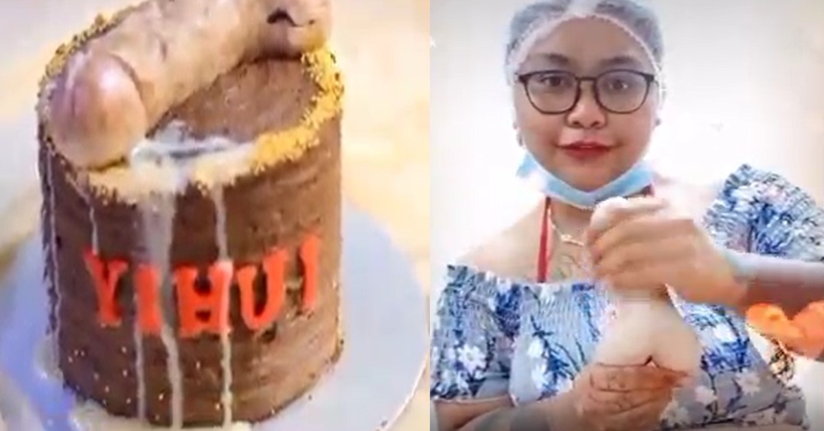WOMAN RUBS CAKE DOUGH INTO KKJ SHAPE AND ADDS CREAM TO SIMULATE MAN CREAM