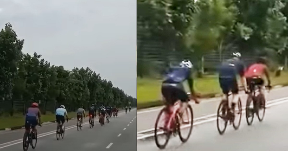 OVER 15 CYCLISTS RIDE ON ROAD ONLY 1 OF THEM BOTHERS TO USE THE CYCLING LANE