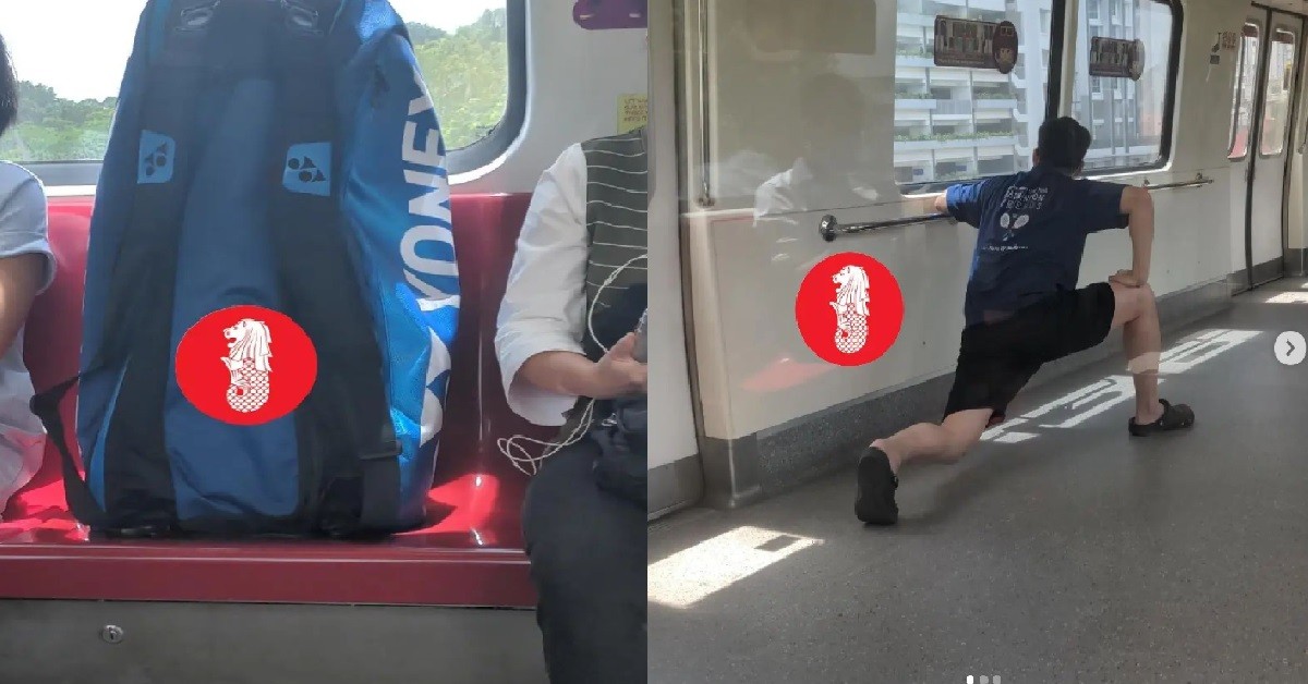 MAN PUT BADMINTON BAG ON MRT SEAT, THEN WARM UP INSIDE MRT