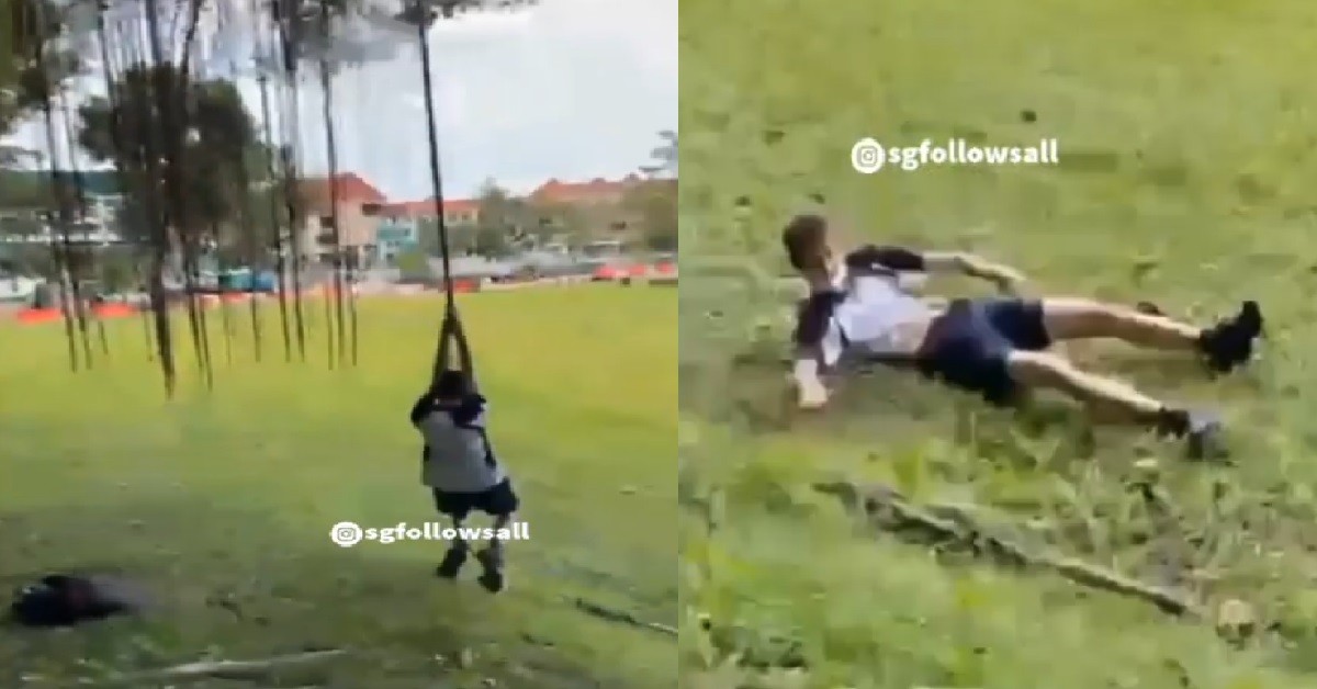 YP SWINGING FROM TREE VINE, VINE BREAKS THEN FELLA PENGSAN ON GROUND