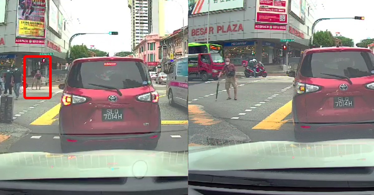 PATIENT DRIVER WAIT FOR ELDERLY TO CROSS, TILL LIGHTS TURN RED