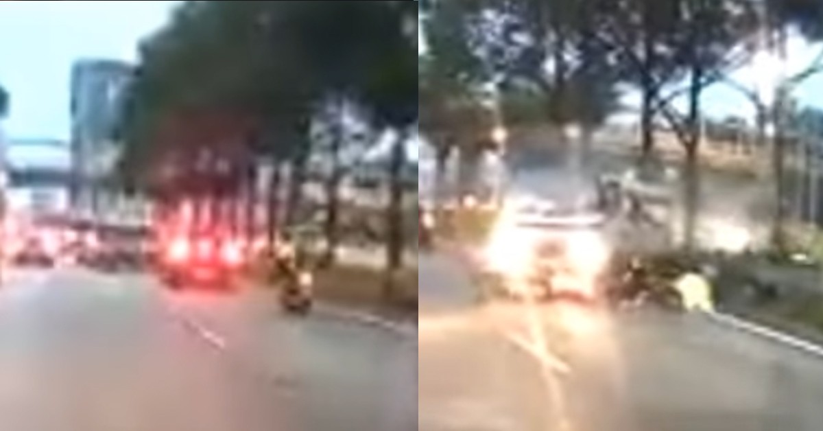 LORRY SKID HIT MOTORBIKE & SENDS RIDER FLYING ALONG PIE