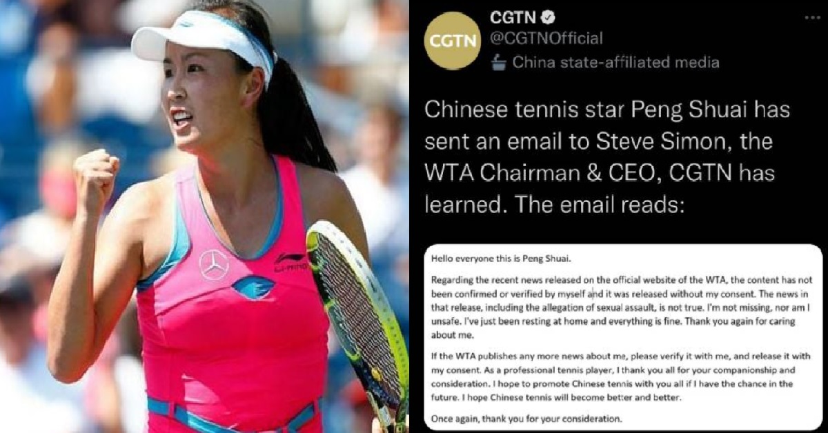 CHINA PUBLISHES “LETTER” FROM MISSING TENNIS PLAYER: “EVERYTHING’S FINE”