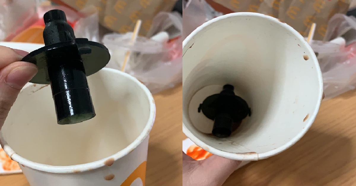 WOMAN FINDS DRINKS DISPENSER MACHINE PART INSIDE HER ICED MILO