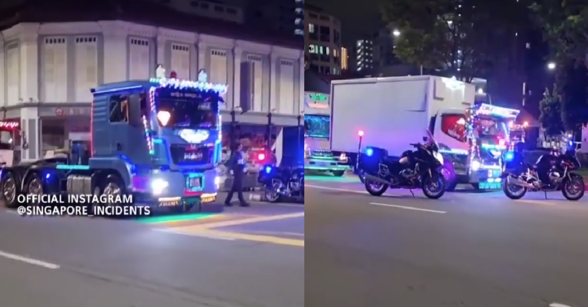TRUCKS DECORATED WITH LIGHTS STOPPED AT SIDE OF ROAD, MANY TP AT SCENE