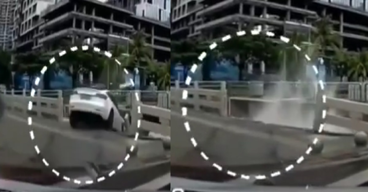 TESLA HIT BY CAR, CRASHED THROUGH RAILING & FALL INTO RIVER