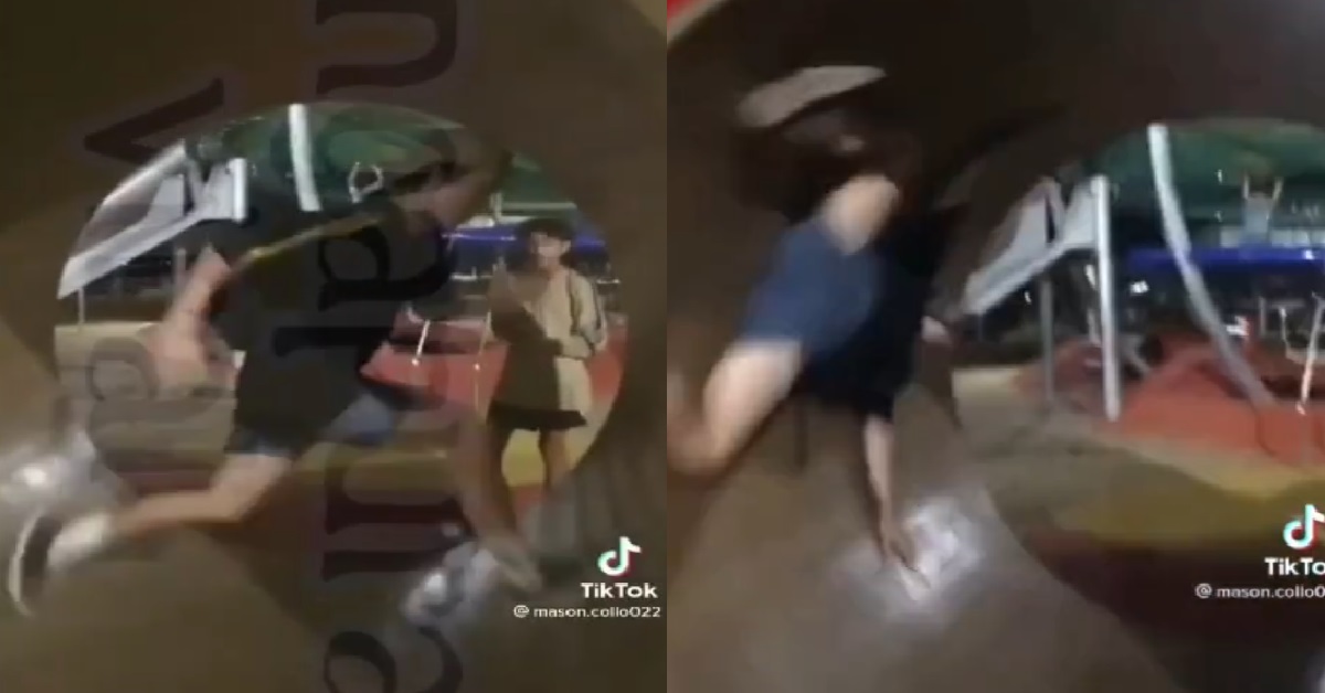GUY RUNNING ON GIANT HAMSTER WHEEL, FELL AND KENA SPIN ON THE WHEEL