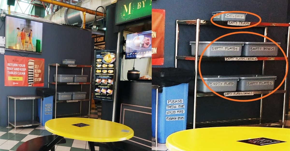 HAWKER CENTER PUT LABELS FOR PATRONS TO CLEAR UP IN RIGHT PLACES