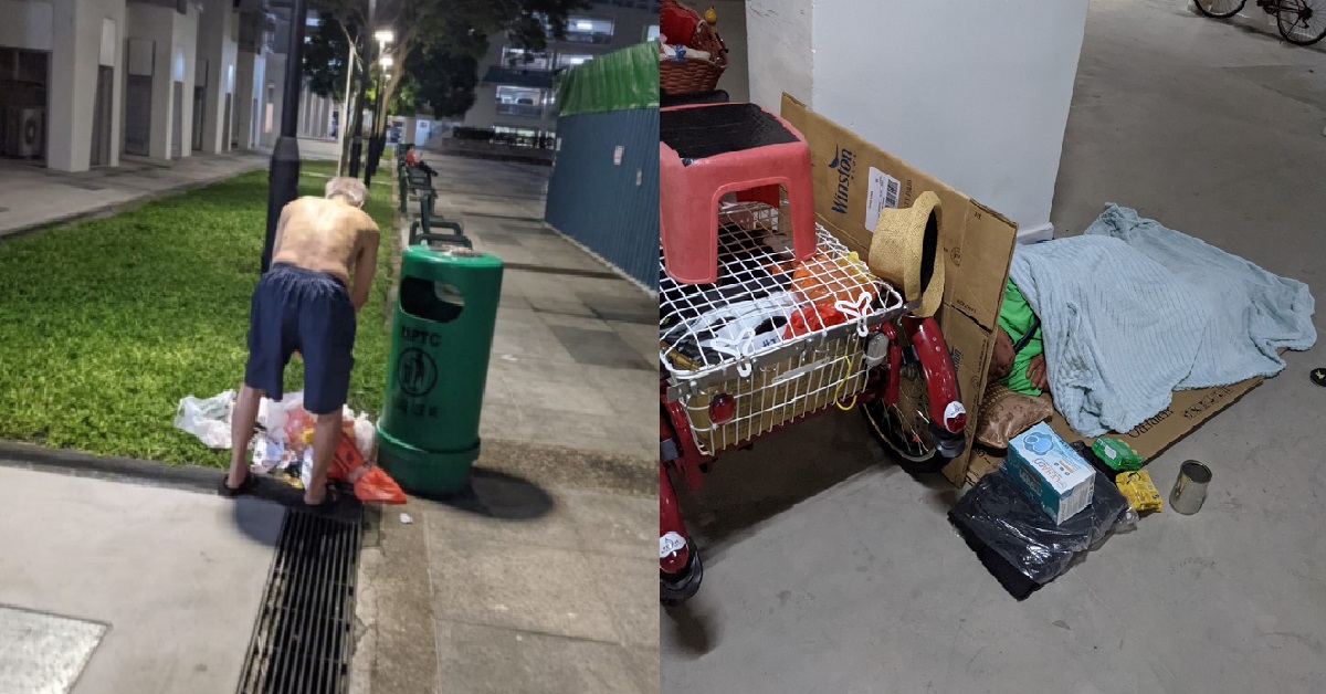 HOMELESS ELDERLY SEEN SLEEPING ON CARDBOARD AT HDB VOID DECKS