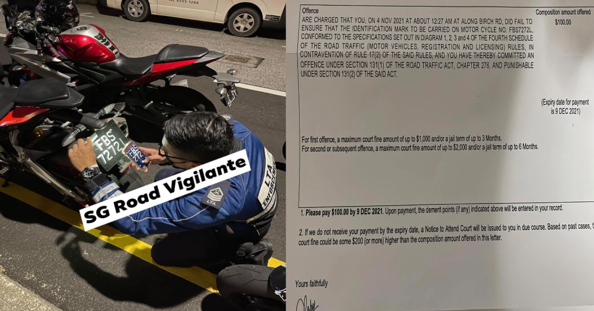 RIDER FINED $100 BY LTA BECAUSE WIDTH OF NUMBER ON PLATE LESSER BY 5MM