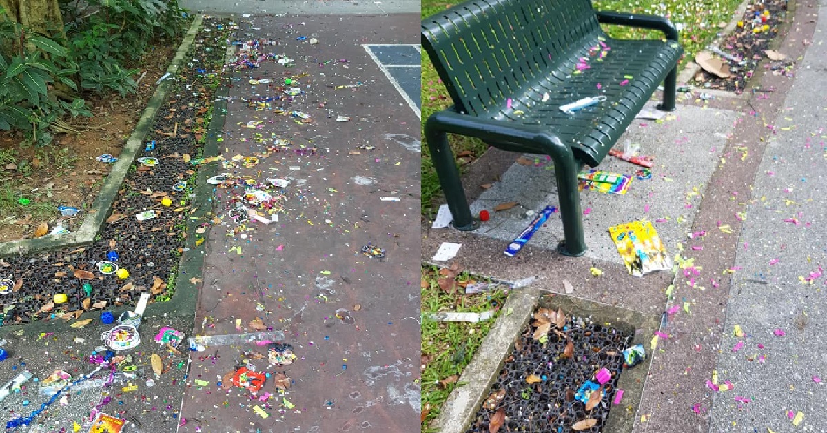 HDB ESTATE SEEN LITTERED AFTER CELEBRATION, CLEANERS HELPLESS