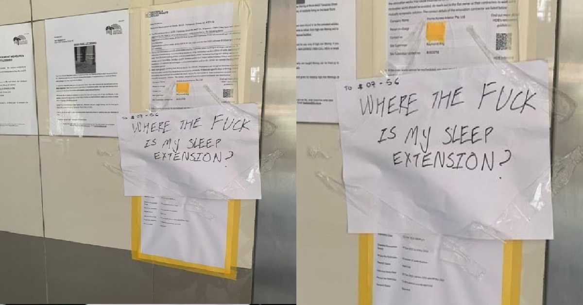 RESIDENT NOT HAPPY WITH CONSTRUCTION NOISE, LEFT NOTE @ LIFT LOBBY