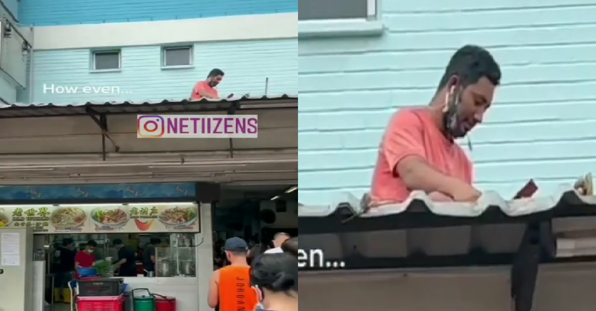 MAN CLIMB ON COFFEESHOP SHELTER TO USE PHONE, BETTER RECEPTION