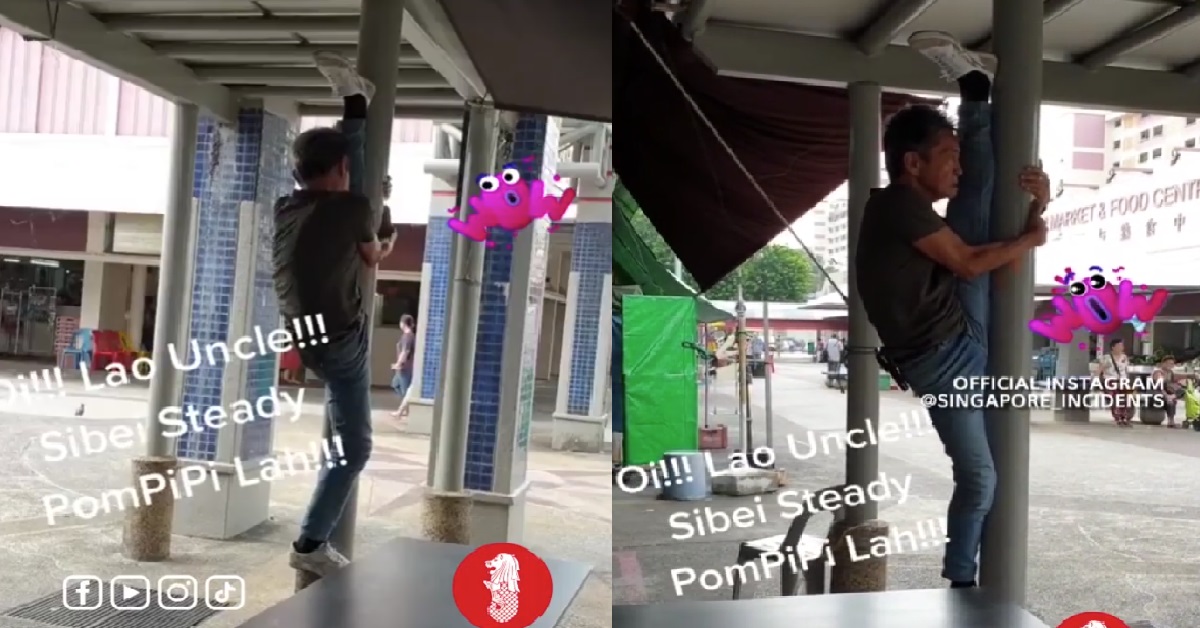 UNCLE DOES SPLITS AT SHELTER, LEG HIGHER THAN HIS HEAD