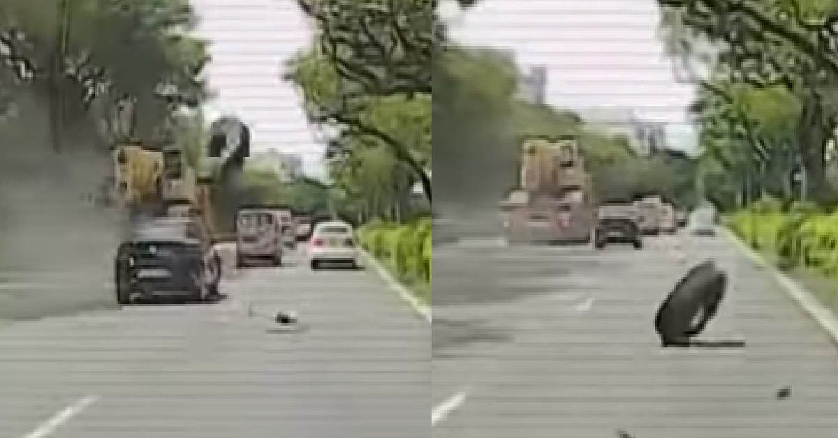 SPARE TYRE FLIES OFF HEAVY VEHICLE ON PIE AND HITS CAR BEHIND
