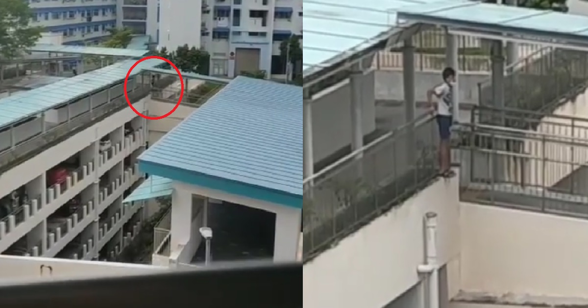 YOUNG BOY CLIMBS OVER 5TH FLOOR RAILING OF MULTI-STOREY CARPARK FOR “FUN”