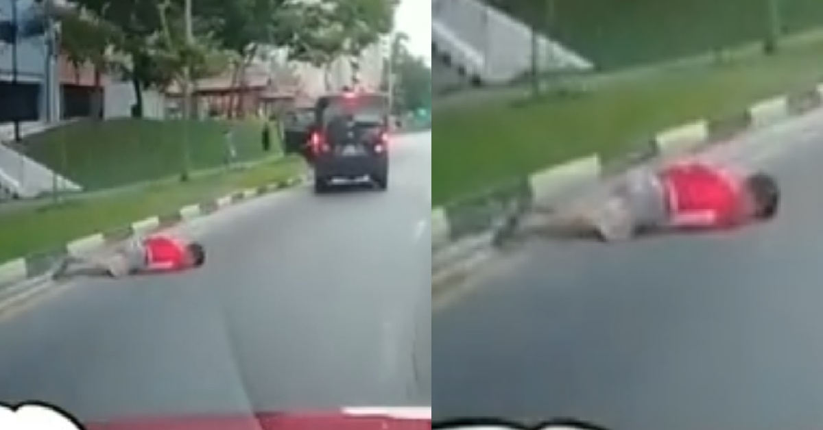 MAN FELL OUT OF MOVING VAN, LIE FACE DOWN IN MIDDLE OF ROAD, MOTIONLESS