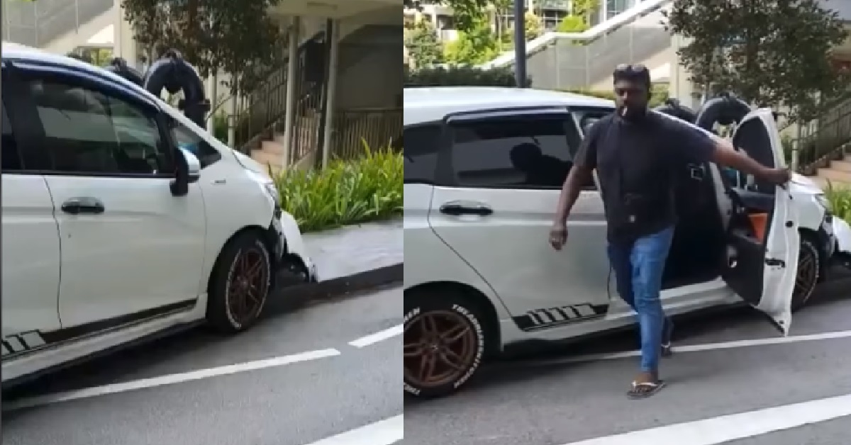 MAN ALLEGEDLY INTOXICATED, CRASHED CAR ONTO KERB THEN KEEPS GOING IN & OUT OF CAR
