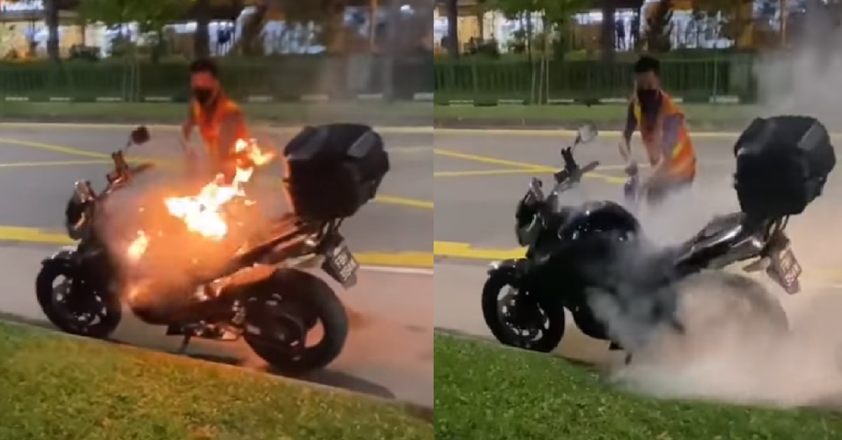 BUS DRIVER RUSHES OUT OF HIS BUS TO HELP PUT OUT MOTORCYCLE FIRE