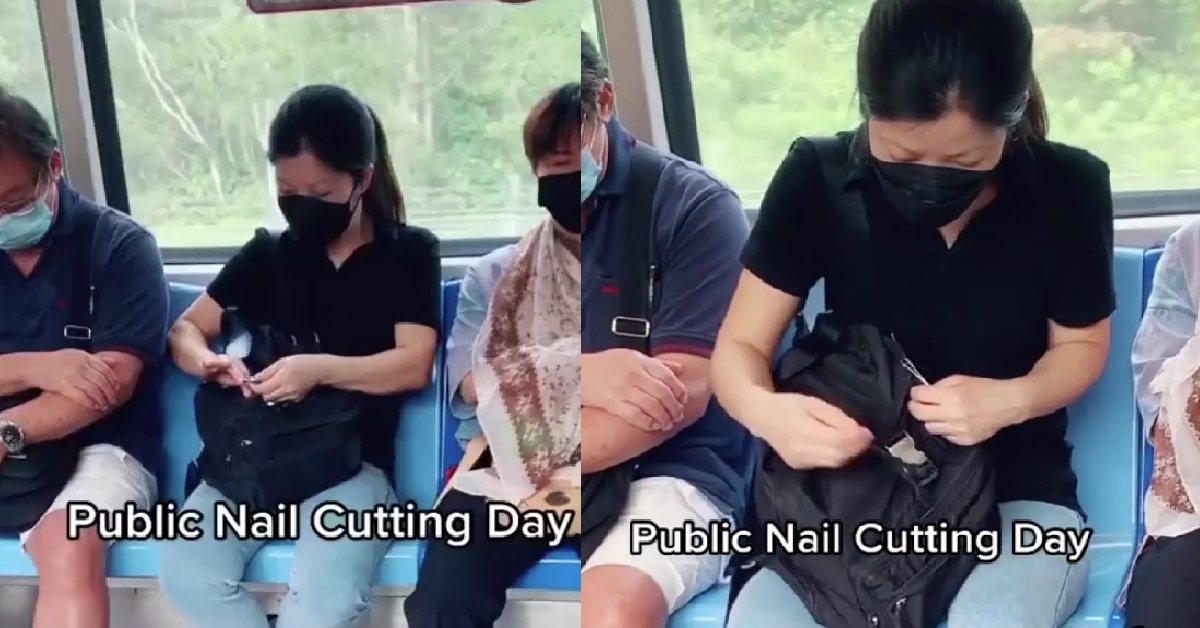 WOMAN CUTTING HER NAILS INSIDE MRT, THEN SWEEPS NAILS ONTO THE FLOOR