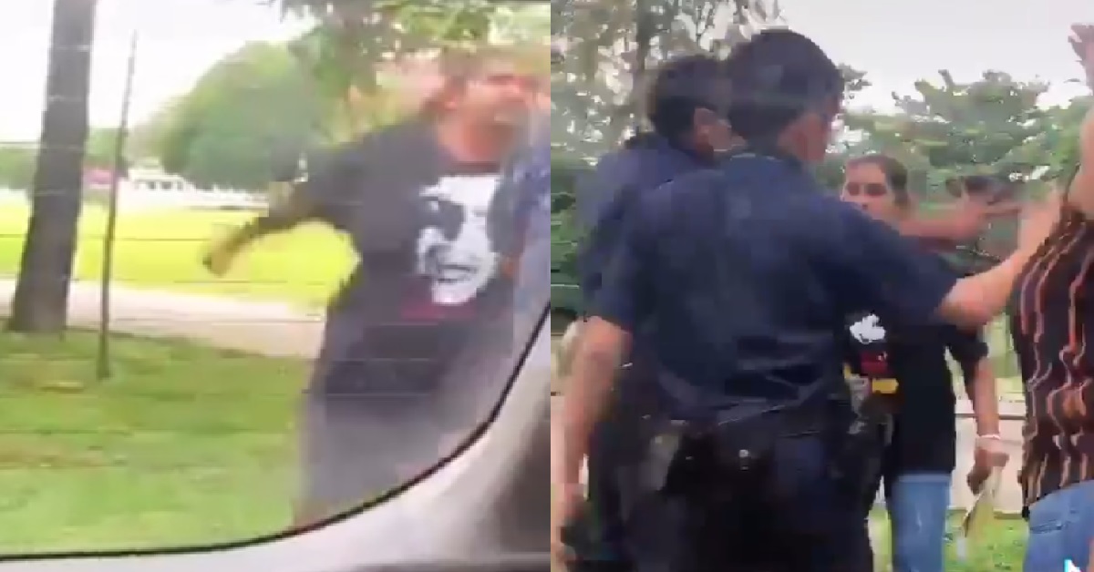 TWO MEN FIGHTING AT SIDE OF ROAD AFTER ARGUMENT, POLICE AT THE SCENE