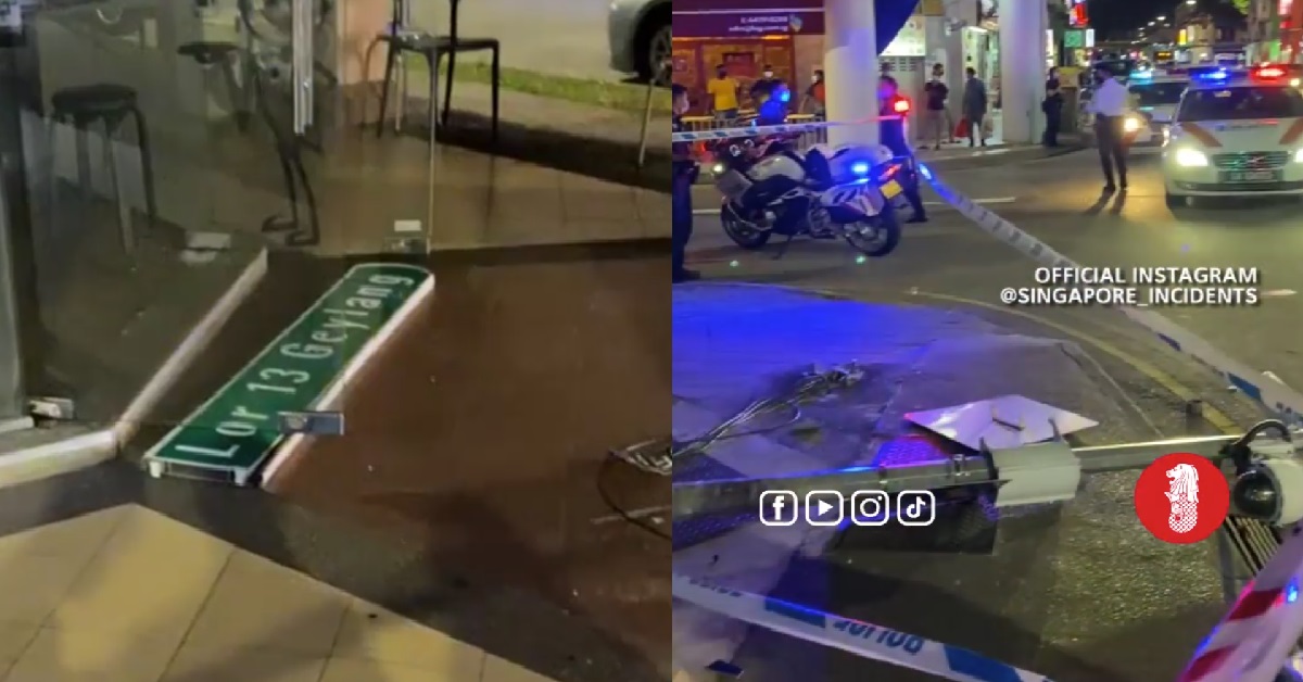 CAR CRASH AT GEYLANG, STREET SIGN DESTROYED AND CAR’S LICENSE PLATE FELL OFF