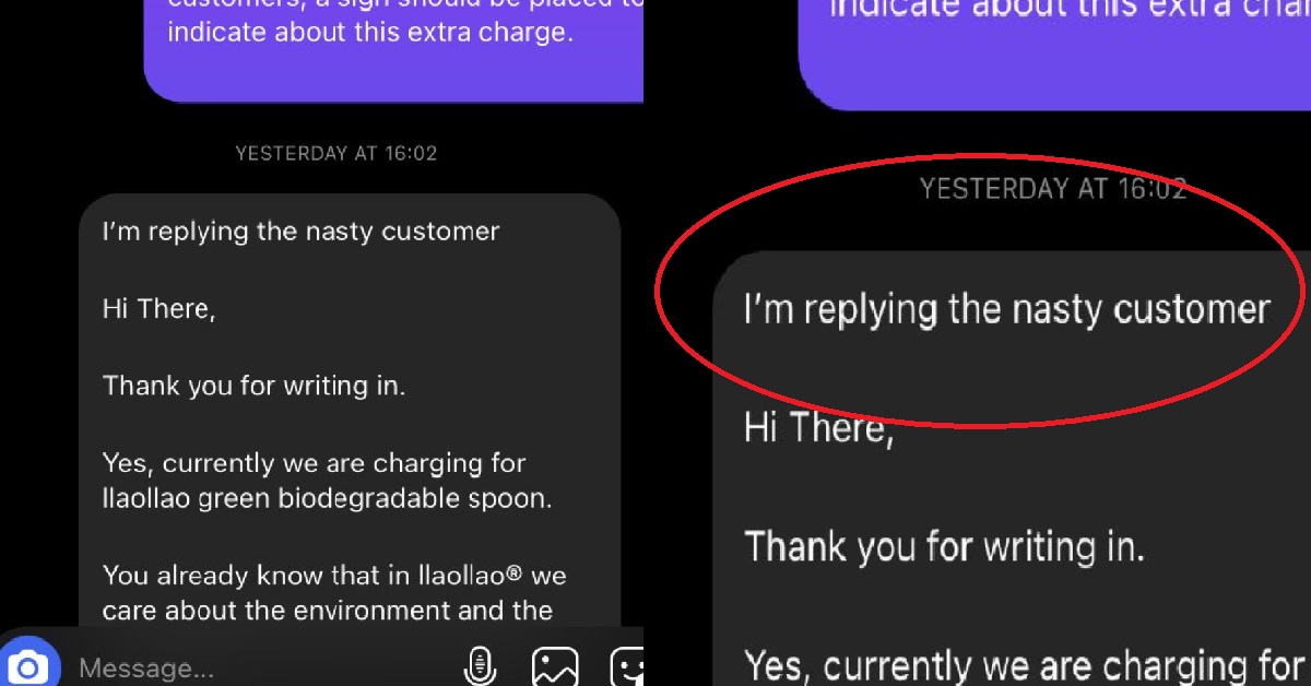 LLAOLLAO S’PORE FORGOT TO REMOVE PERSONAL MSG IN REPLY TO CUSTOMER, CALLS HER “NASTY”