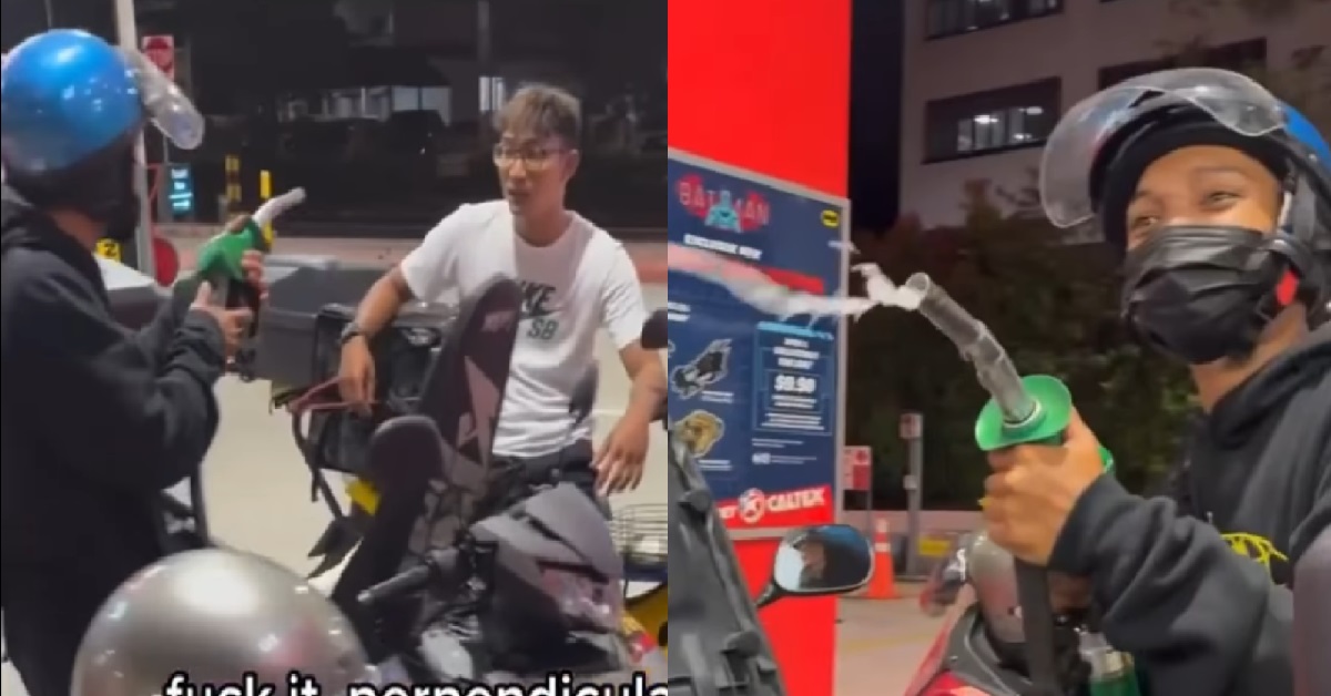 MOTORCYCLIST USING PETROL GUN TO “SHOOT” HIS FRIEND AT JURONG CALTEX
