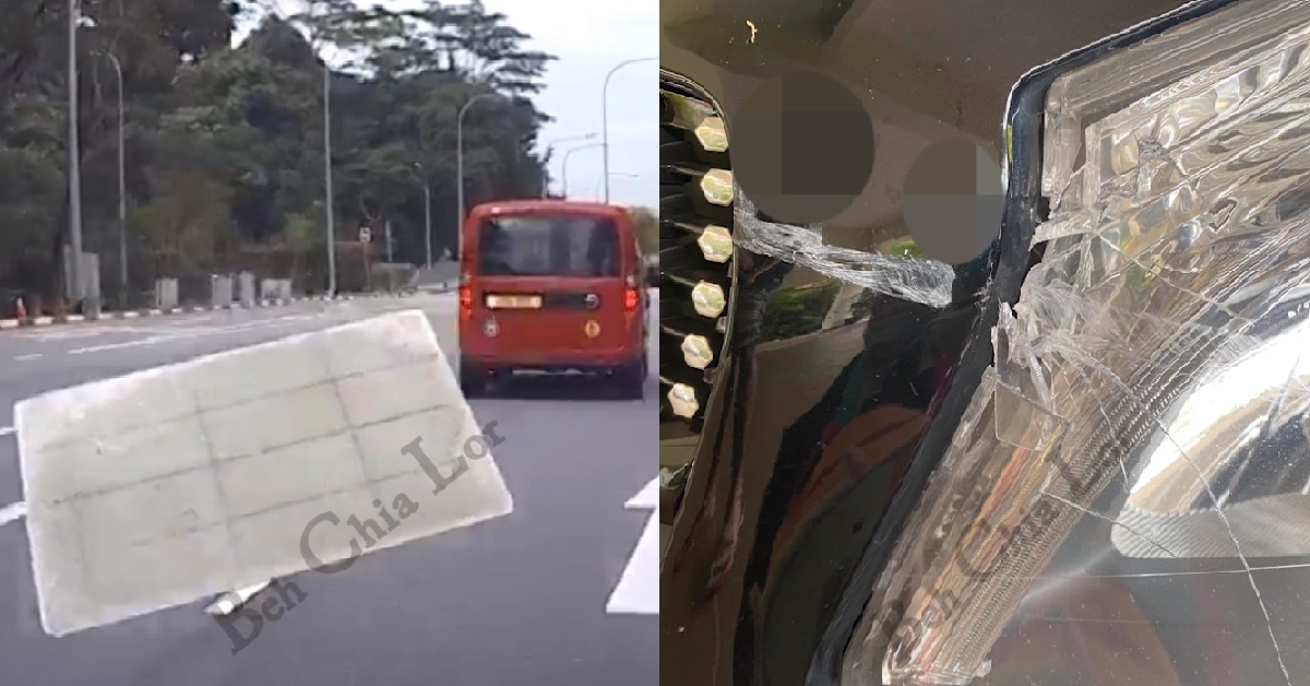 HUGE SHEET FLIES OUT FROM UNDER VAN, HITS CAR BEHIND & BREAKS HEADLIGHTS